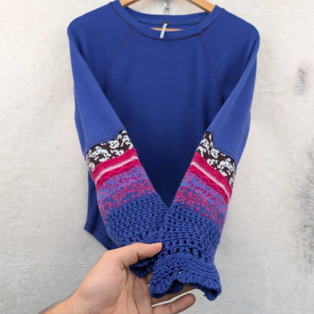 Free People Thermal Top Women's S Blue Boho Crochet Cuff Waffle Knit Slim Fit